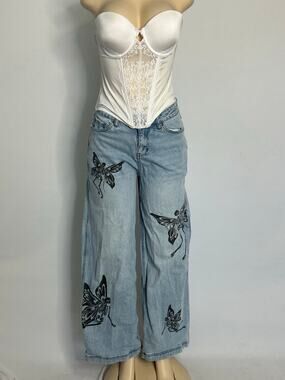 Hot Topic Size 5 Skeleton Fairy Wide Leg Jeans Light Wash Goth Y2K